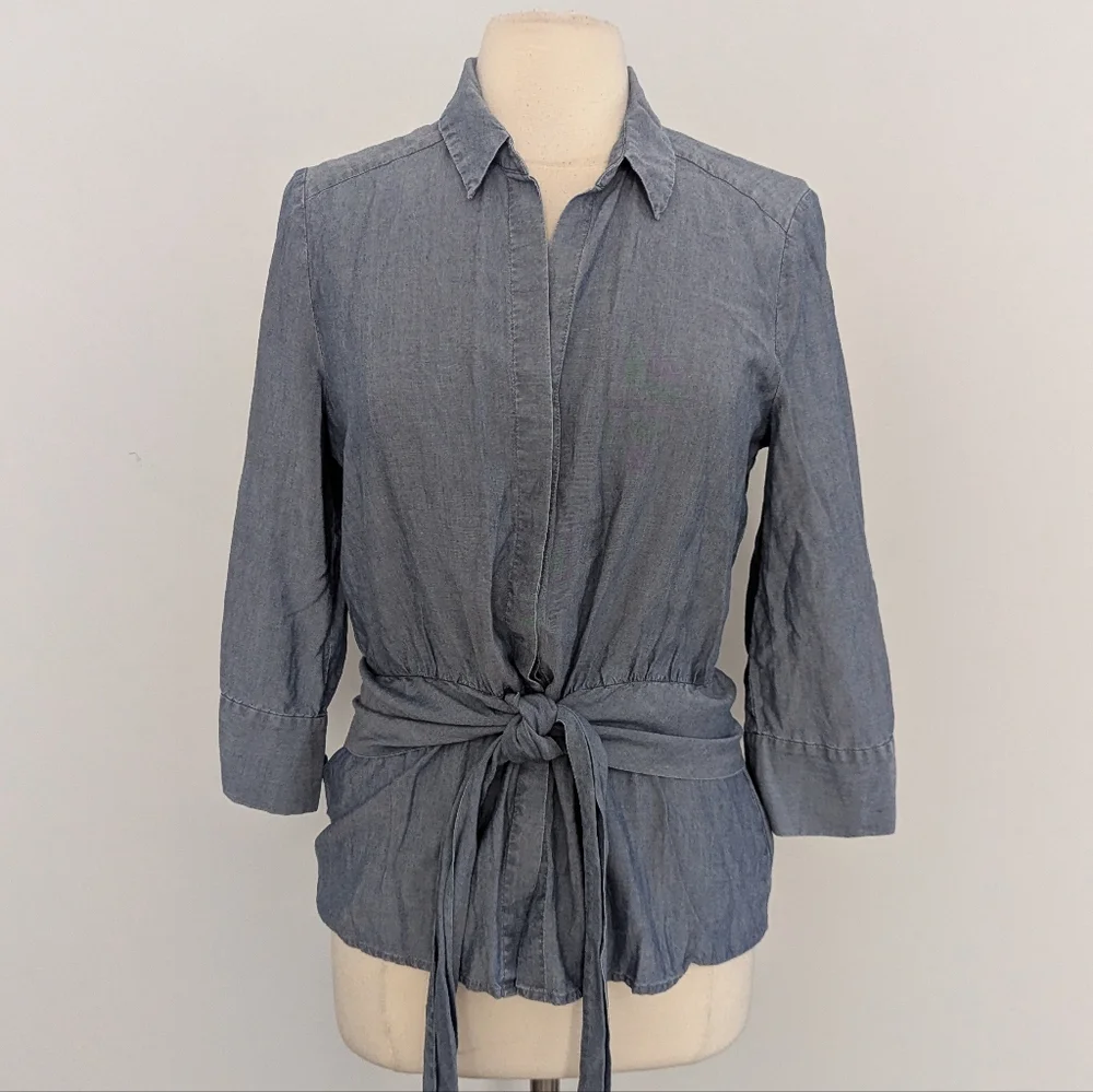 Women's L'Agence Colette Blouse Top Medium Tie Waist Denim Blue - Picture 2 of 10